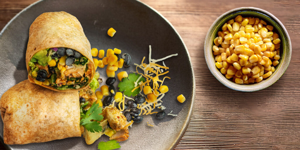 Overfilled wrap with corn and beans